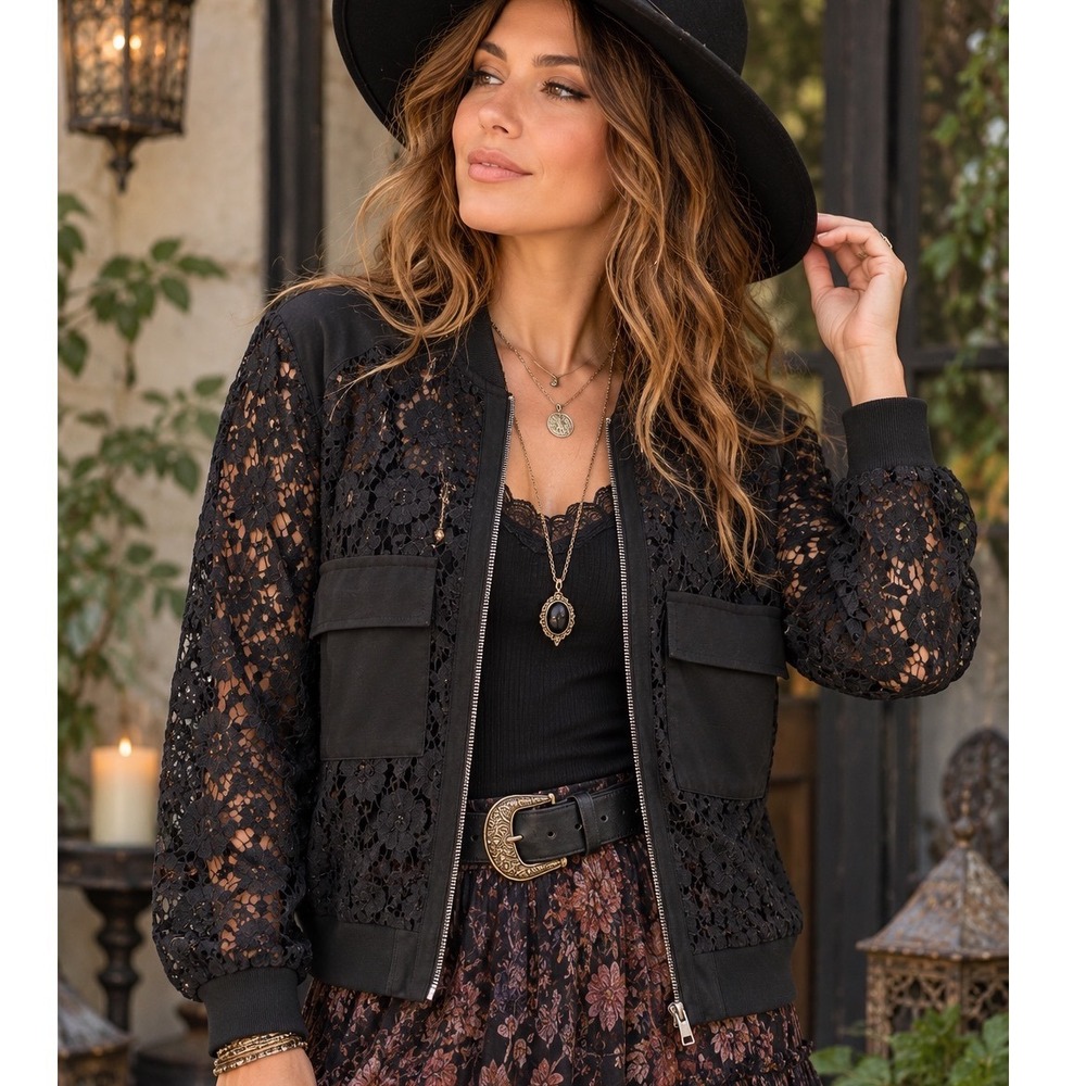 Venue Black Lace Bomber Jacket Large Open Floral Full Zip Whimsigoth Goth Women